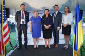 At Ukraine House in Washington, DC, from left to right: Harry Chapman of Economist Impact; Amy Burke of HP, Ambassador Oksana Markarova, Justin van Fleet, and Allyson Knox of Microsoft (Global Business Coalition for Education/Leigh Vogel)