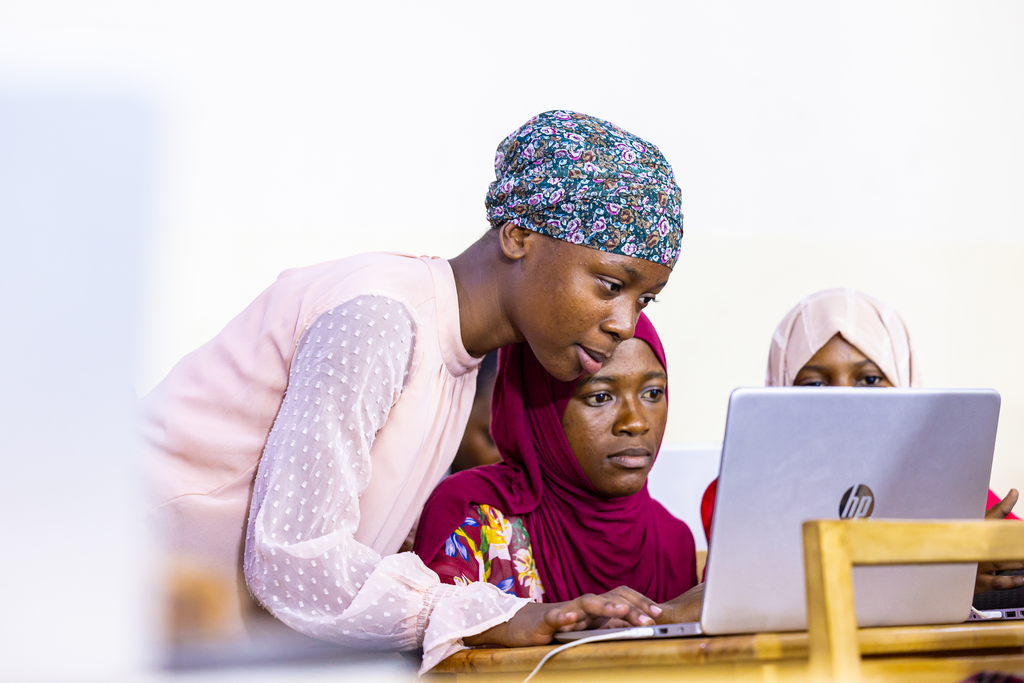 Grace Raymond (18), who took part in the Skills for Their Future project that was piloted in Temeke secondary School, and is now pursing a digital career, supports girls currently studying the Skills for Their Future programme.