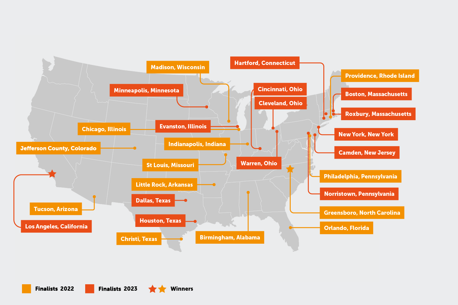Location map of winners & finalists of the Skills Friendly Cities Big Ideas, Bright Cities challenge.